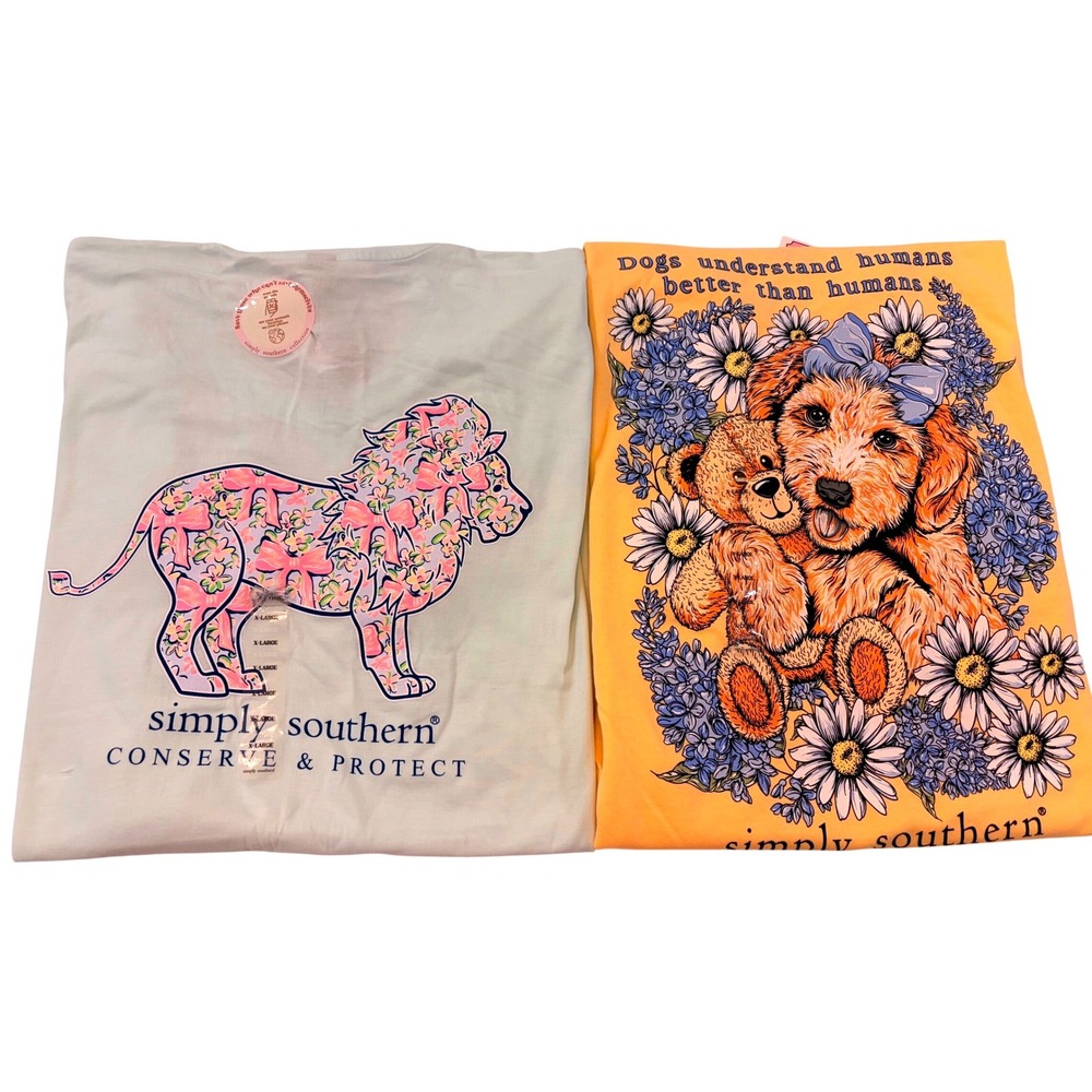 New Simply Southern Graphic T-Shirt Bundle Yellow Dog Mint Lion sz XL Lot of 2